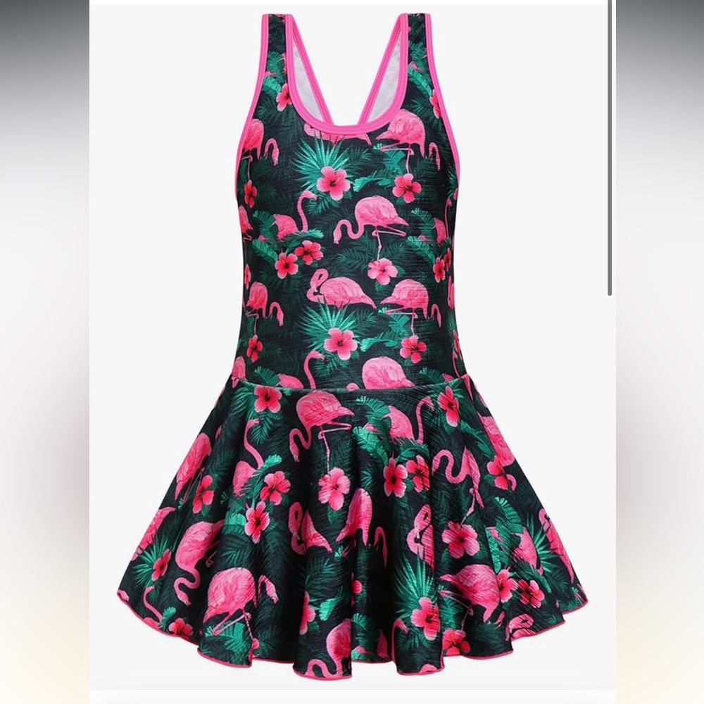 Flamingo Print Kids Swim Dress 5/6 L